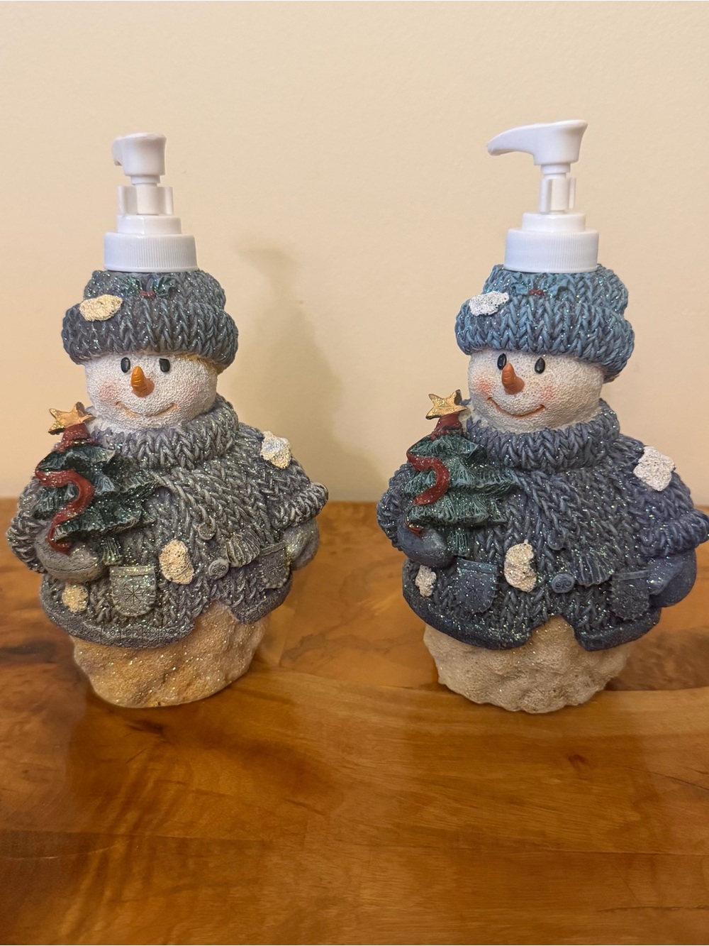 Pair Of New Snowman Soap Lotion Pump Dispensers Winter Decoration Ceramic